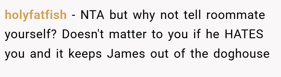 holyfatfish − NTA but why not tell roommate yourself? Doesn't matter to you if he HATES you and it keeps James out of the doghouse
