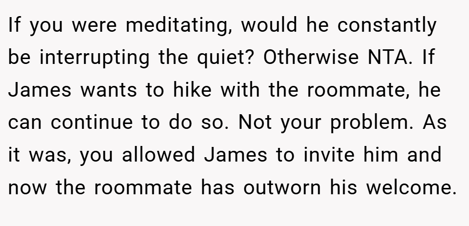 If you were meditating, would he constantly be interrupting the quiet? Otherwise NTA. If James wants to hike with the roommate, he can continue to do so. Not your problem. As it was, you allowed James to invite him and now the roommate has outworn his welcome.