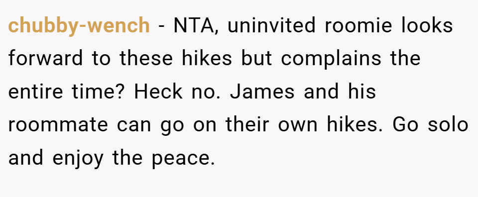 chubby-wench − NTA, uninvited roomie looks forward to these hikes but complains the entire time? Heck no. James and his roommate can go on their own hikes. Go solo and enjoy the peace.