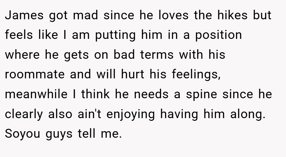 James got mad since he loves the hikes but feels like I am putting him in a position where he gets on bad terms with his roommate and will hurt his feelings, meanwhile I think he needs a spine since he clearly also ain't enjoying having him along. Soyou guys tell me.