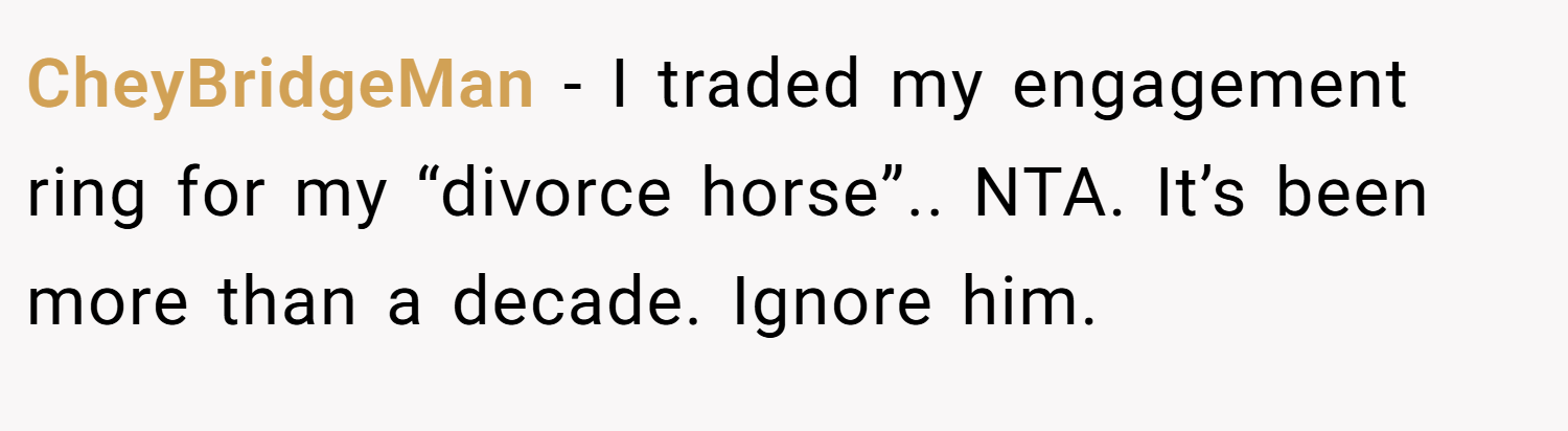 CheyBridgeMan − I traded my engagement ring for my “divorce horse”.. NTA. It’s been more than a decade. Ignore him.