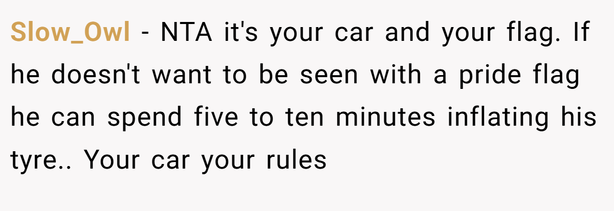 Slow_Owl − NTA it's your car and your flag. If he doesn't want to be seen with a pride flag he can spend five to ten minutes inflating his tyre.. Your car your rules