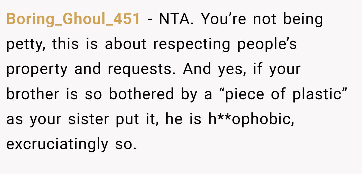 Boring_Ghoul_451 − NTA. You’re not being petty, this is about respecting people’s property and requests. And yes, if your brother is so bothered by a “piece of plastic” as your sister put it, he is h**ophobic, excruciatingly so.