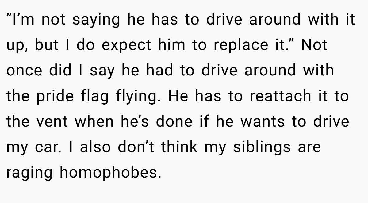 ”I’m not saying he has to drive around with it up, but I do expect him to replace it.” Not once did I say he had to drive around with the pride flag flying. He has to reattach it to the vent when he’s done if he wants to drive my car. I also don’t think my siblings are raging homophobes.
