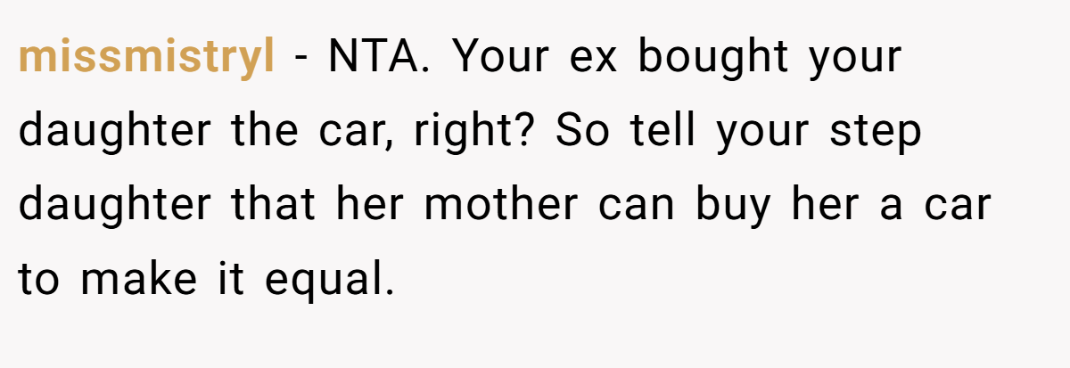 missmistryl − NTA. Your ex bought your daughter the car, right? So tell your step daughter that her mother can buy her a car to make it equal.