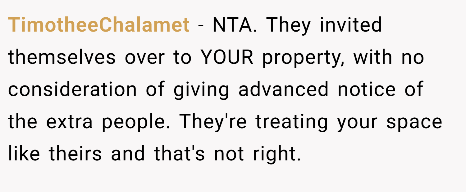 TimotheeChalamet − NTA. They invited themselves over to YOUR property, with no consideration of giving advanced notice of the extra people. They're treating your space like theirs and that's not right.
