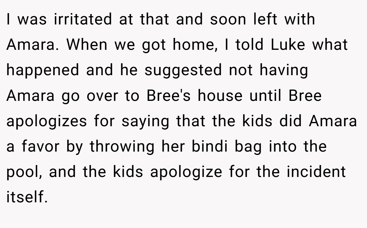 I was irritated at that and soon left with Amara. When we got home, I told Luke what happened and he suggested not having Amara go over to Bree's house until Bree apologizes for saying that the kids did Amara a favor by throwing her bindi bag into the pool, and the kids apologize for the incident itself.