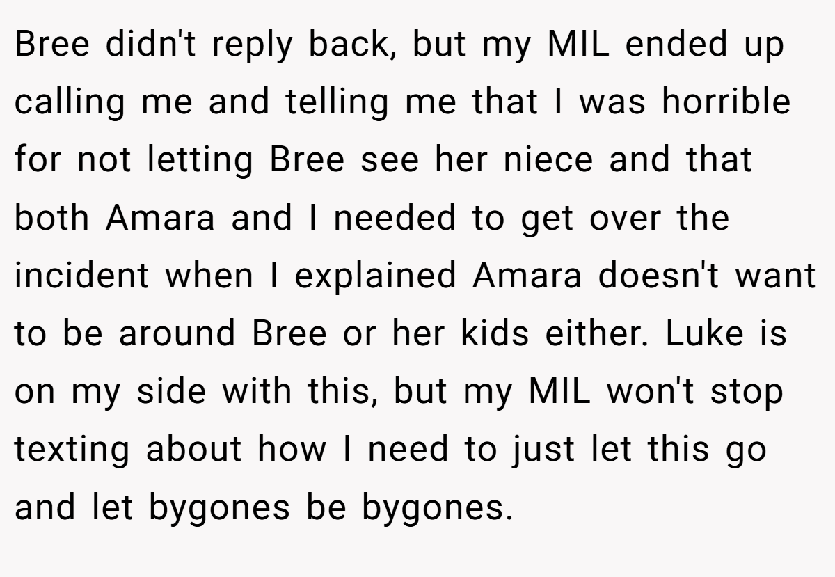 Bree didn't reply back, but my MIL ended up calling me and telling me that I was horrible for not letting Bree see her niece and that both Amara and I needed to get over the incident when I explained Amara doesn't want to be around Bree or her kids either. Luke is on my side with this, but my MIL won't stop texting about how I need to just let this go and let bygones be bygones.
