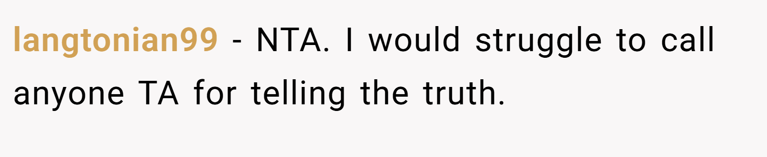 langtonian99 − NTA. I would struggle to call anyone TA for telling the truth.