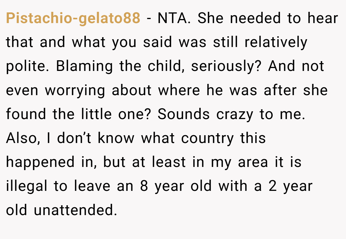 Pistachio-gelato88 − NTA. She needed to hear that and what you said was still relatively polite. Blaming the child, seriously? And not even worrying about where he was after she found the little one? Sounds crazy to me. Also, I don’t know what country this happened in, but at least in my area it is illegal to leave an 8 year old with a 2 year old unattended.