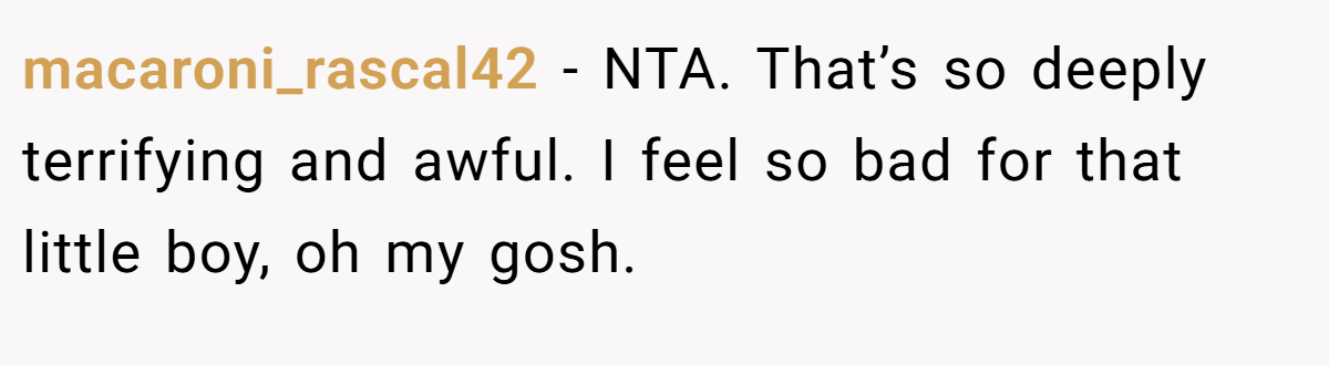 macaroni_rascal42 − NTA. That’s so deeply terrifying and awful. I feel so bad for that little boy, oh my gosh.