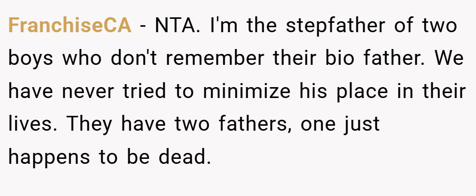 FranchiseCA − NTA. I'm the stepfather of two boys who don't remember their bio father. We have never tried to minimize his place in their lives. They have two fathers, one just happens to be dead.