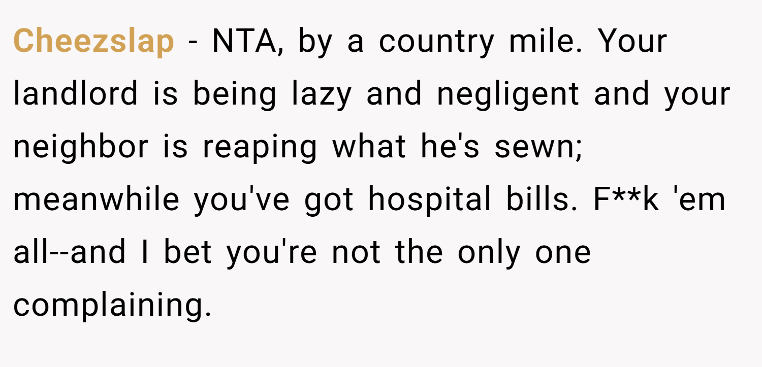 Cheezslap − NTA, by a country mile. Your landlord is being lazy and negligent and your neighbor is reaping what he's sewn; meanwhile you've got hospital bills. F**k 'em all--and I bet you're not the only one complaining.