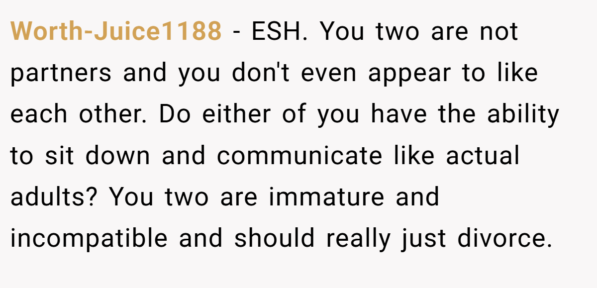 Worth-Juice1188 − ESH. You two are not partners and you don't even appear to like each other. Do either of you have the ability to sit down and communicate like actual adults? You two are immature and incompatible and should really just divorce.