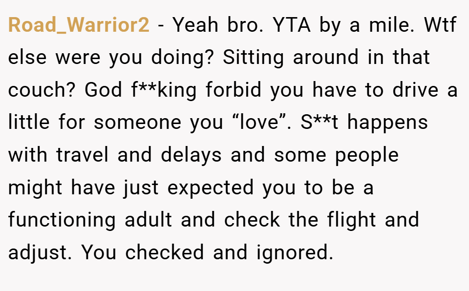 Road_Warrior2 − Yeah bro. YTA by a mile. Wtf else were you doing? Sitting around in that couch? God f**king forbid you have to drive a little for someone you “love”. S**t happens with travel and delays and some people might have just expected you to be a functioning adult and check the flight and adjust. You checked and ignored.