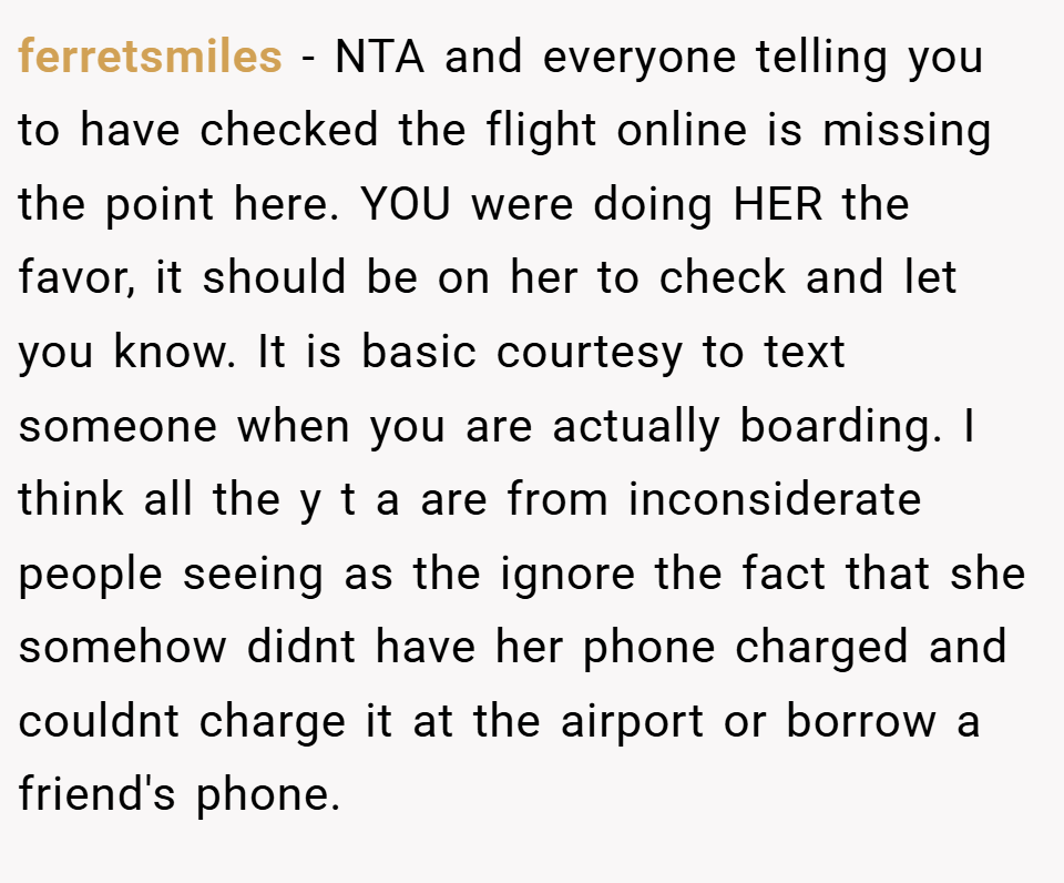 ferretsmiles − NTA and everyone telling you to have checked the flight online is missing the point here. YOU were doing HER the favor, it should be on her to check and let you know. It is basic courtesy to text someone when you are actually boarding. I think all the y t a are from inconsiderate people seeing as the ignore the fact that she somehow didnt have her phone charged and couldnt charge it at the airport or borrow a friend's phone.