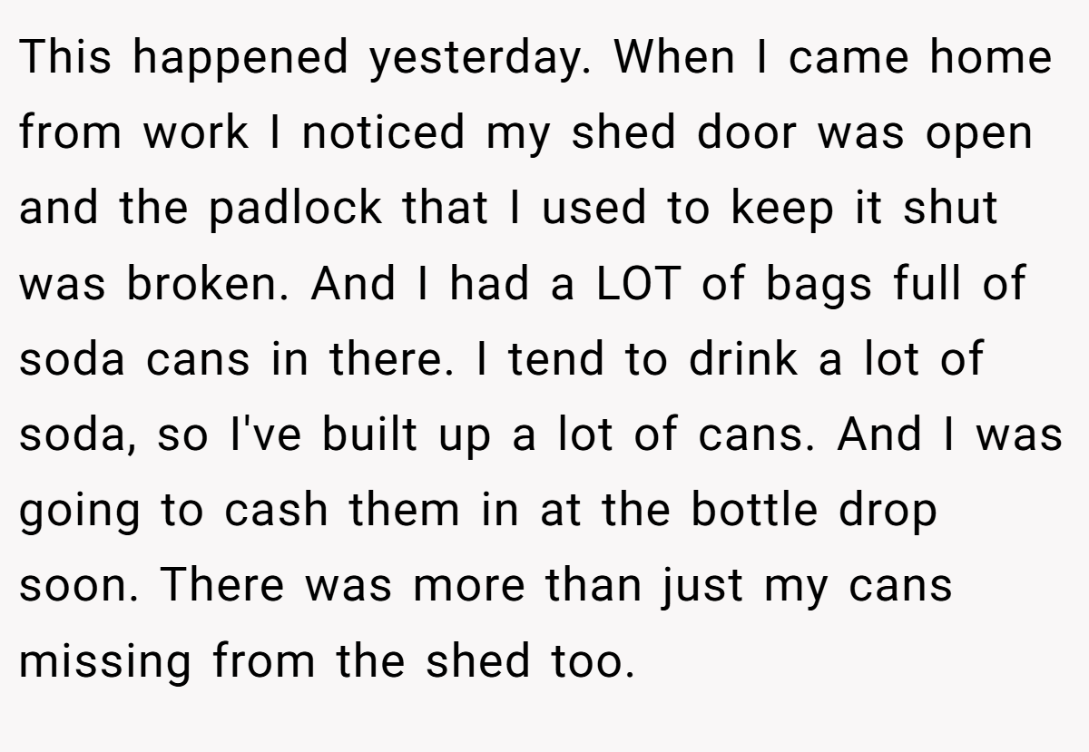 This happened yesterday. When I came home from work I noticed my shed door was open and the padlock that I used to keep it shut was broken. And I had a LOT of bags full of soda cans in there. I tend to drink a lot of soda, so I've built up a lot of cans. And I was going to cash them in at the bottle drop soon. There was more than just my cans missing from the shed too.