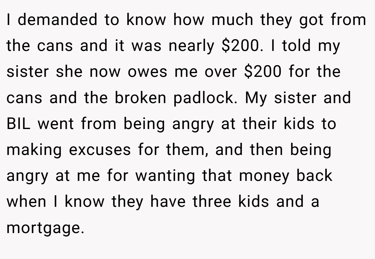 I demanded to know how much they got from the cans and it was nearly $200. I told my sister she now owes me over $200 for the cans and the broken padlock. My sister and BIL went from being angry at their kids to making excuses for them, and then being angry at me for wanting that money back when I know they have three kids and a mortgage.