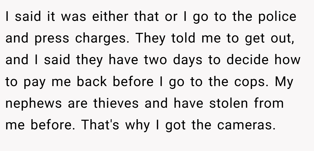 I said it was either that or I go to the police and press charges. They told me to get out, and I said they have two days to decide how to pay me back before I go to the cops. My nephews are thieves and have stolen from me before. That's why I got the cameras.
