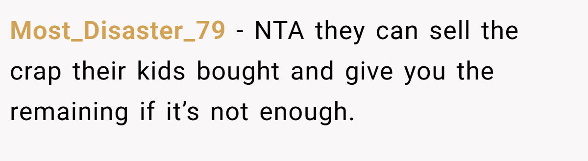 Most_Disaster_79 − NTA they can sell the crap their kids bought and give you the remaining if it’s not enough.
