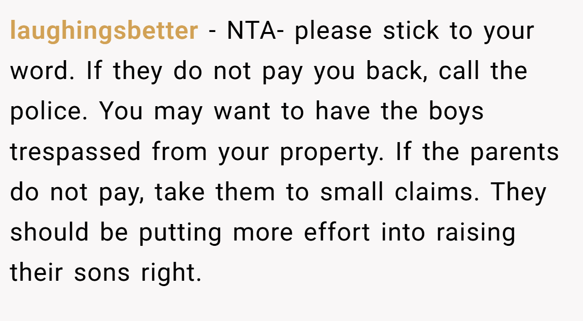 laughingsbetter − NTA- please stick to your word. If they do not pay you back, call the police. You may want to have the boys trespassed from your property. If the parents do not pay, take them to small claims. They should be putting more effort into raising their sons right.