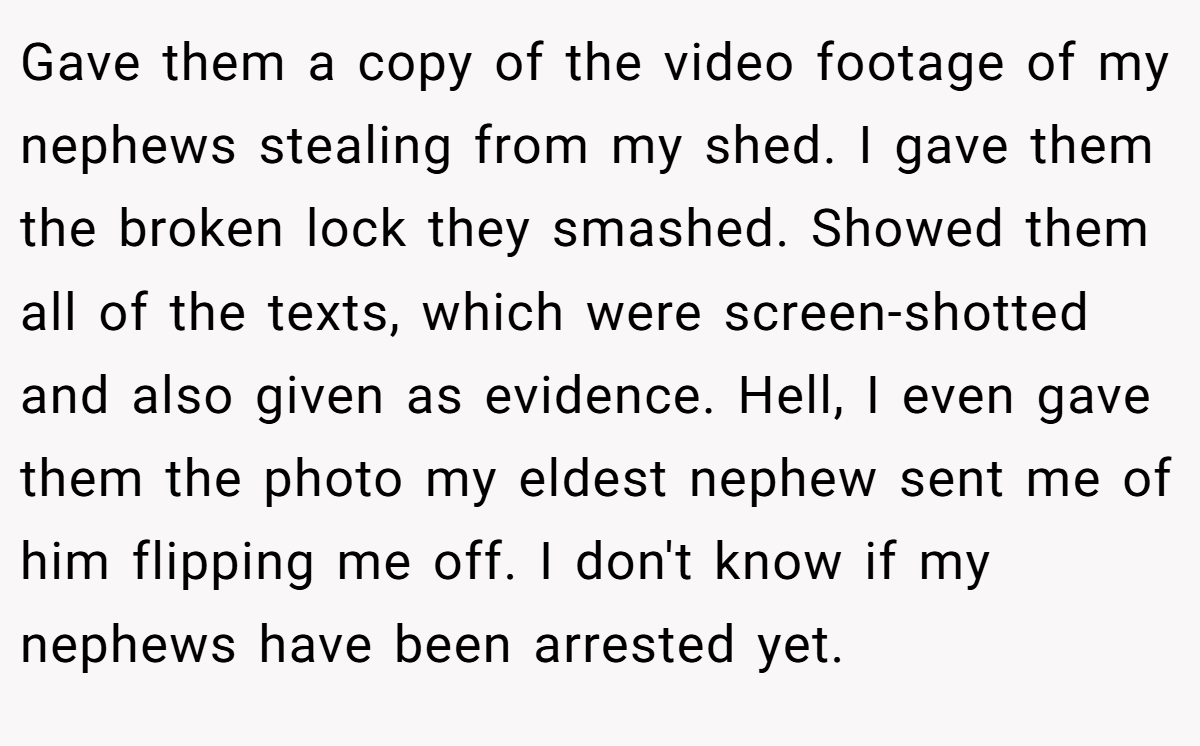 Gave them a copy of the video footage of my nephews stealing from my shed. I gave them the broken lock they smashed. Showed them all of the texts, which were screen-shotted and also given as evidence. Hell, I even gave them the photo my eldest nephew sent me of him flipping me off. I don't know if my nephews have been arrested yet.