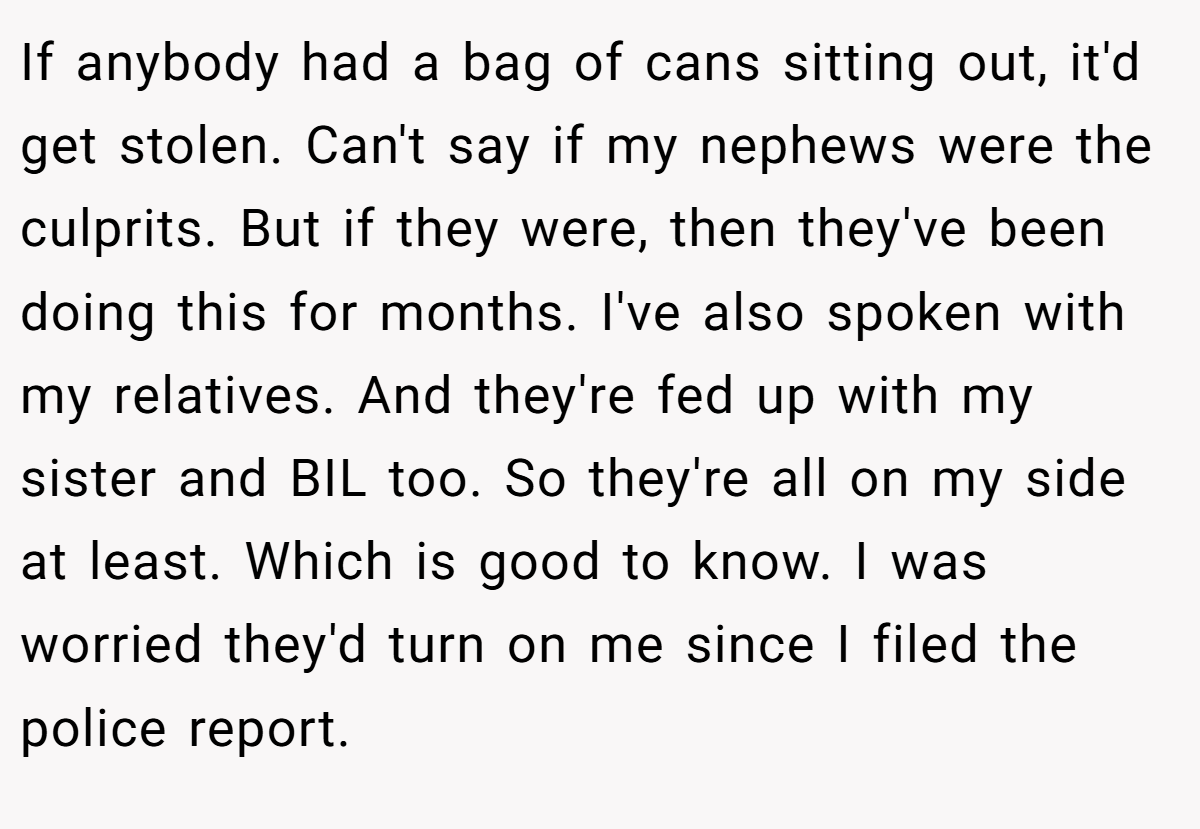 If anybody had a bag of cans sitting out, it'd get stolen. Can't say if my nephews were the culprits. But if they were, then they've been doing this for months. I've also spoken with my relatives. And they're fed up with my sister and BIL too. So they're all on my side at least. Which is good to know. I was worried they'd turn on me since I filed the police report.