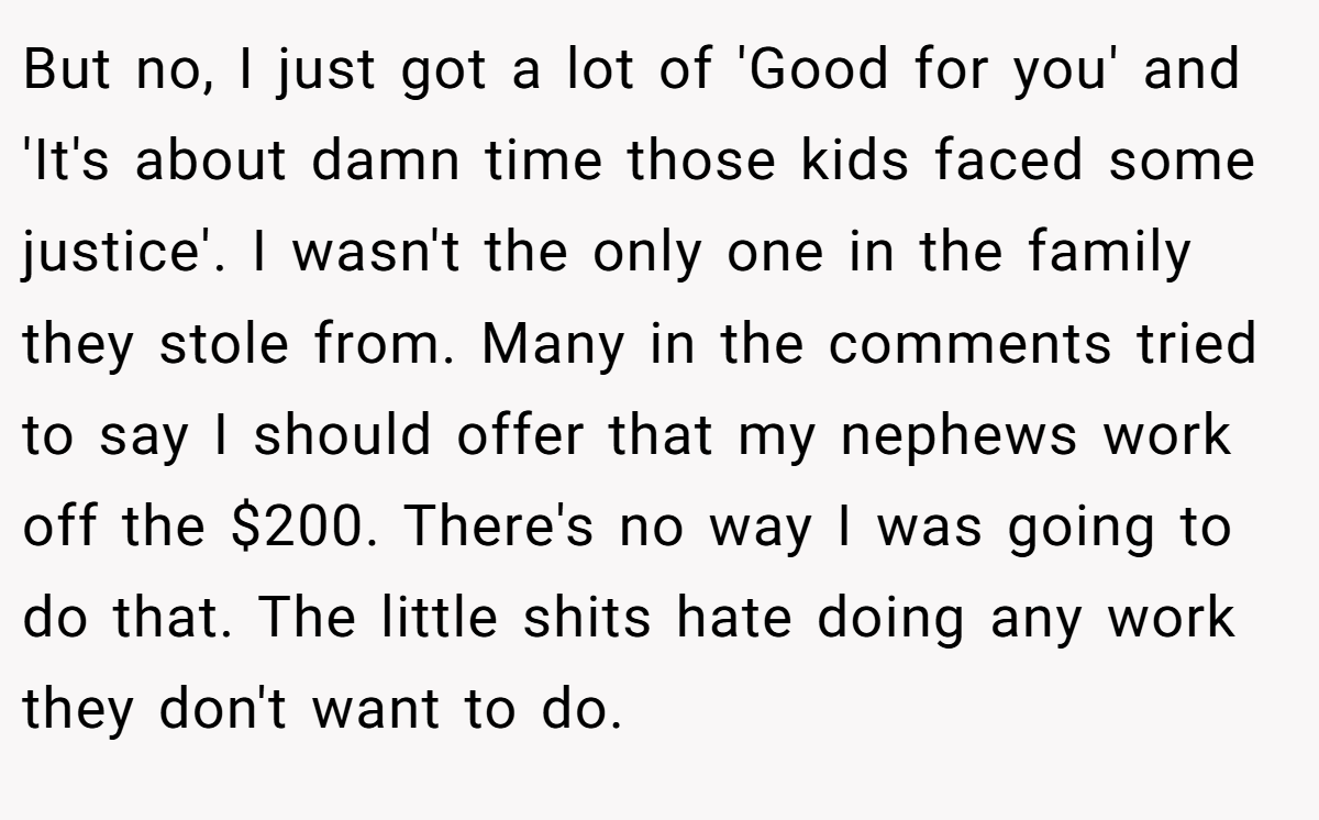 But no, I just got a lot of 'Good for you' and 'It's about damn time those kids faced some justice'. I wasn't the only one in the family they stole from. Many in the comments tried to say I should offer that my nephews work off the $200. There's no way I was going to do that. The little shits hate doing any work they don't want to do.