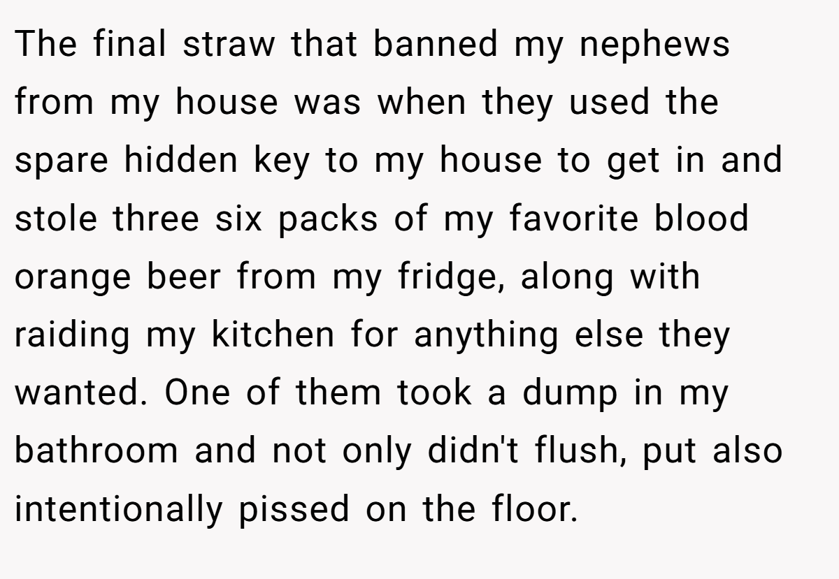 The final straw that banned my nephews from my house was when they used the spare hidden key to my house to get in and stole three six packs of my favorite blood orange beer from my fridge, along with raiding my kitchen for anything else they wanted. One of them took a dump in my bathroom and not only didn't flush, put also intentionally pissed on the floor.