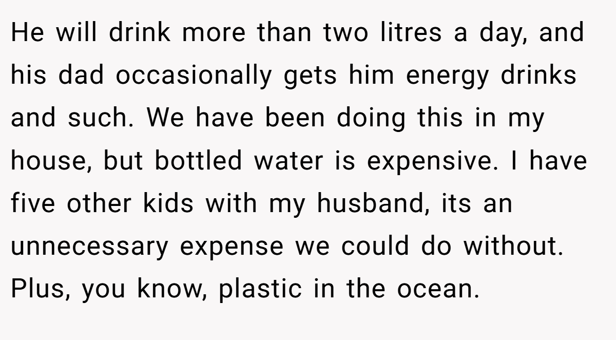 He will drink more than two litres a day, and his dad occasionally gets him energy drinks and such. We have been doing this in my house, but bottled water is expensive. I have five other kids with my husband, its an unnecessary expense we could do without. Plus, you know, plastic in the ocean.