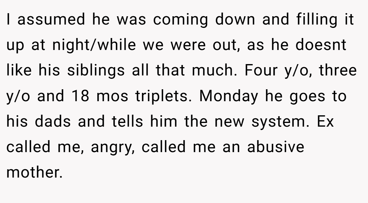 I assumed he was coming down and filling it up at night/while we were out, as he doesnt like his siblings all that much. Four y/o, three y/o and 18 mos triplets. Monday he goes to his dads and tells him the new system. Ex called me, angry, called me an abusive mother.