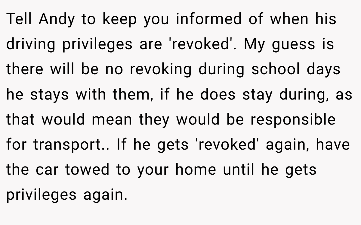 Tell Andy to keep you informed of when his driving privileges are 'revoked'. My guess is there will be no revoking during school days he stays with them, if he does stay during, as that would mean they would be responsible for transport.. If he gets 'revoked' again, have the car towed to your home until he gets privileges again.
