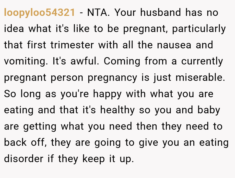 loopyloo54321 − NTA. Your husband has no idea what it's like to be pregnant, particularly that first trimester with all the nausea and vomiting. It's awful. Coming from a currently pregnant person pregnancy is just miserable. So long as you're happy with what you are eating and that it's healthy so you and baby are getting what you need then they need to back off, they are going to give you an eating disorder if they keep it up.