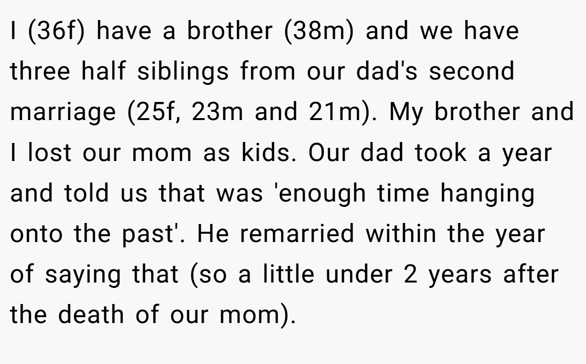 I (36f) have a brother (38m) and we have three half siblings from our dad's second marriage (25f, 23m and 21m). My brother and I lost our mom as kids. Our dad took a year and told us that was 'enough time hanging onto the past'. He remarried within the year of saying that (so a little under 2 years after the death of our mom).
