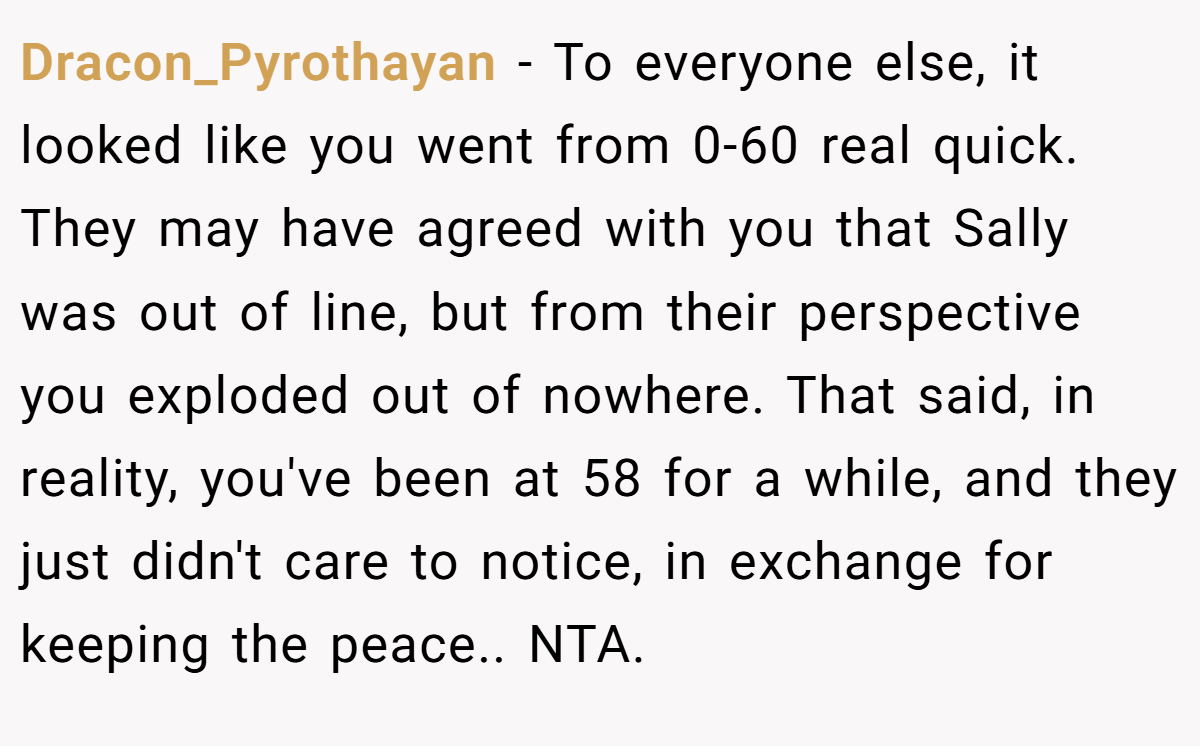 Dracon_Pyrothayan − To everyone else, it looked like you went from 0-60 real quick. They may have agreed with you that Sally was out of line, but from their perspective you exploded out of nowhere. That said, in reality, you've been at 58 for a while, and they just didn't care to notice, in exchange for keeping the peace.. NTA.