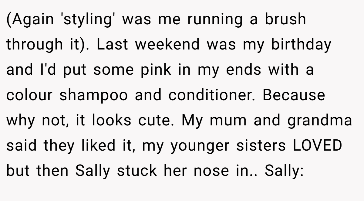 (Again 'styling' was me running a brush through it). Last weekend was my birthday and I'd put some pink in my ends with a colour shampoo and conditioner. Because why not, it looks cute. My mum and grandma said they liked it, my younger sisters LOVED but then Sally stuck her nose in.. Sally: