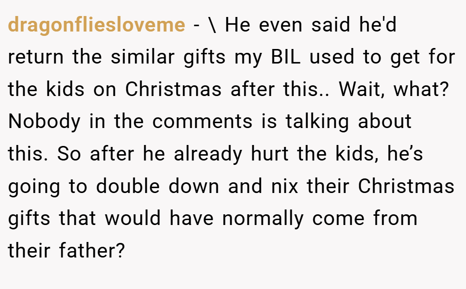 dragonfliesloveme − \ He even said he'd return the similar gifts my BIL used to get for the kids on Christmas after this.. Wait, what? Nobody in the comments is talking about this. So after he already hurt the kids, he’s going to double down and nix their Christmas gifts that would have normally come from their father?