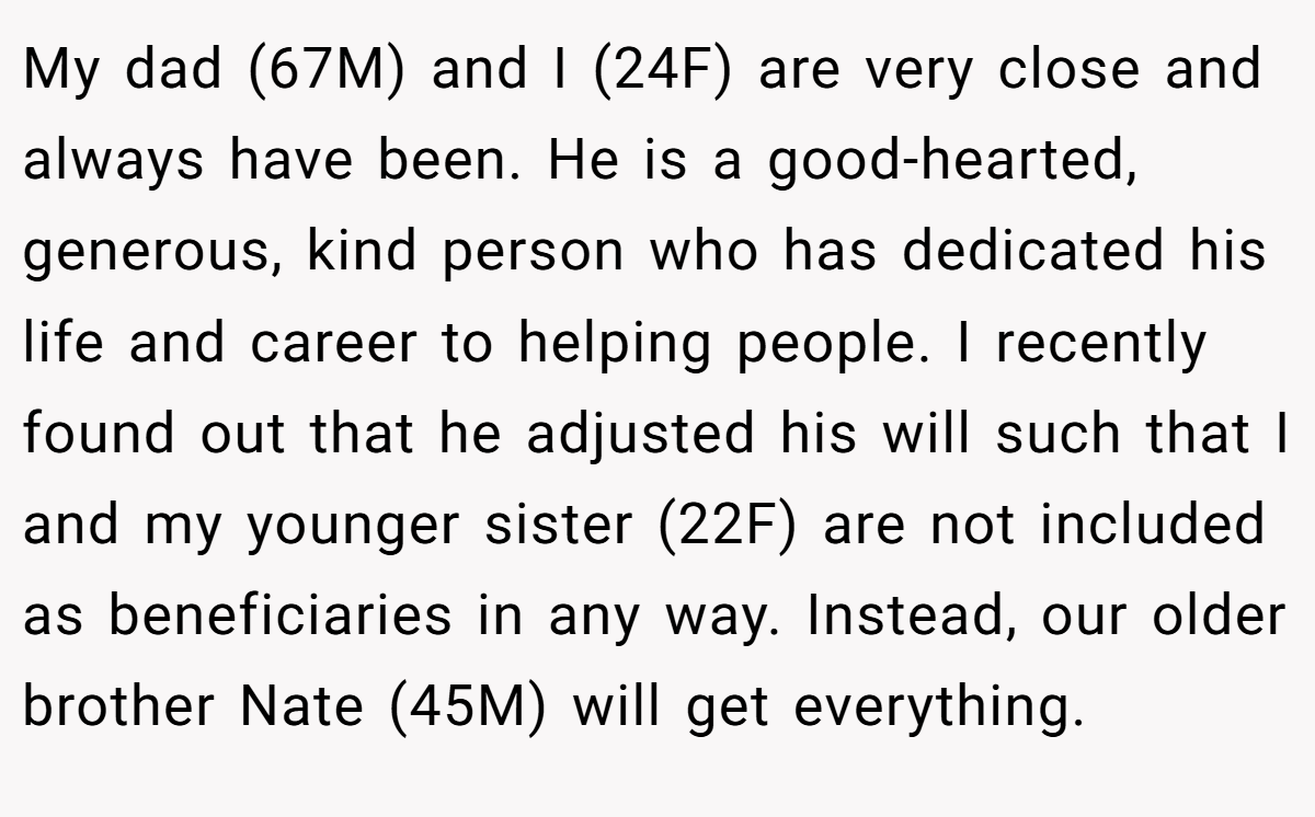 My dad (67M) and I (24F) are very close and always have been. He is a good-hearted, generous, kind person who has dedicated his life and career to helping people. I recently found out that he adjusted his will such that I and my younger sister (22F) are not included as beneficiaries in any way. Instead, our older brother Nate (45M) will get everything.