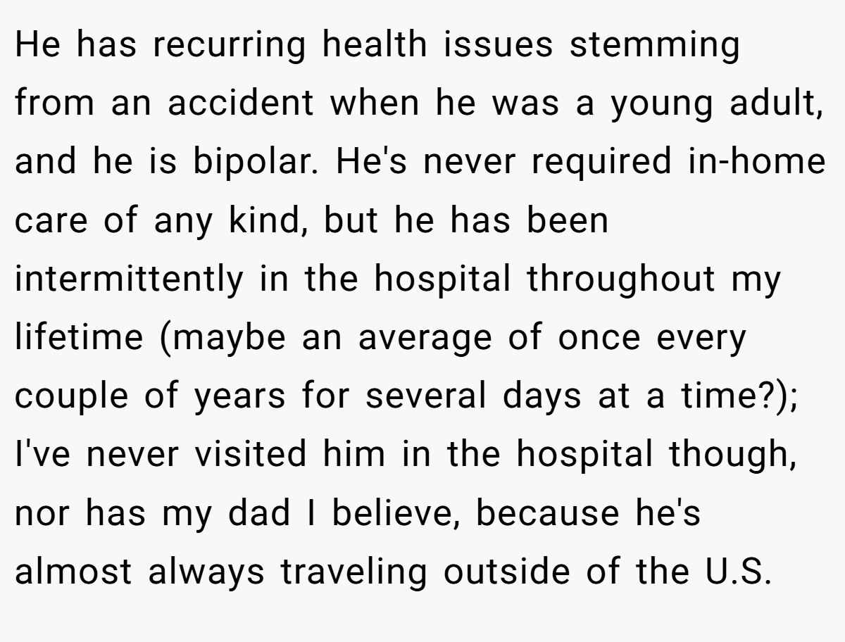 He has recurring health issues stemming from an accident when he was a young adult, and he is bipolar. He's never required in-home care of any kind, but he has been intermittently in the hospital throughout my lifetime (maybe an average of once every couple of years for several days at a time?); I've never visited him in the hospital though, nor has my dad I believe, because he's almost always traveling outside of the U.S.