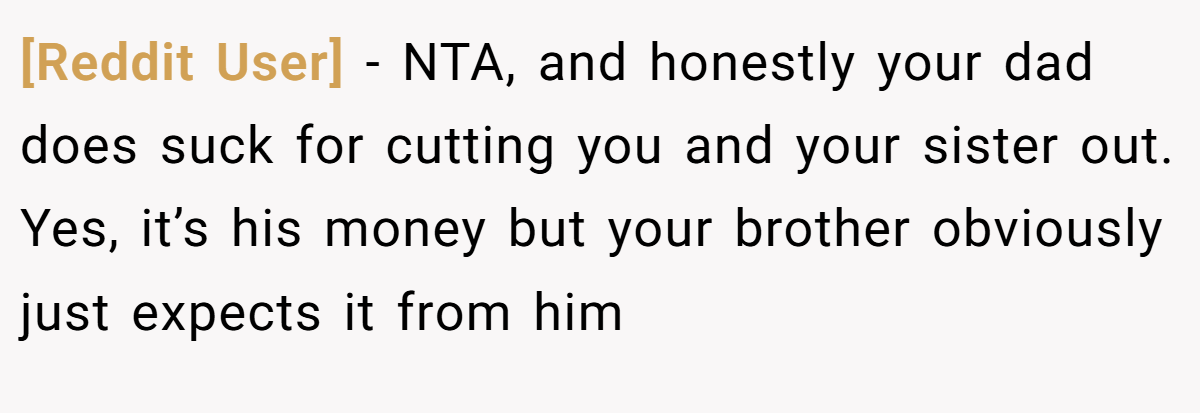 [Reddit User] − NTA, and honestly your dad does suck for cutting you and your sister out. Yes, it’s his money but your brother obviously just expects it from him
