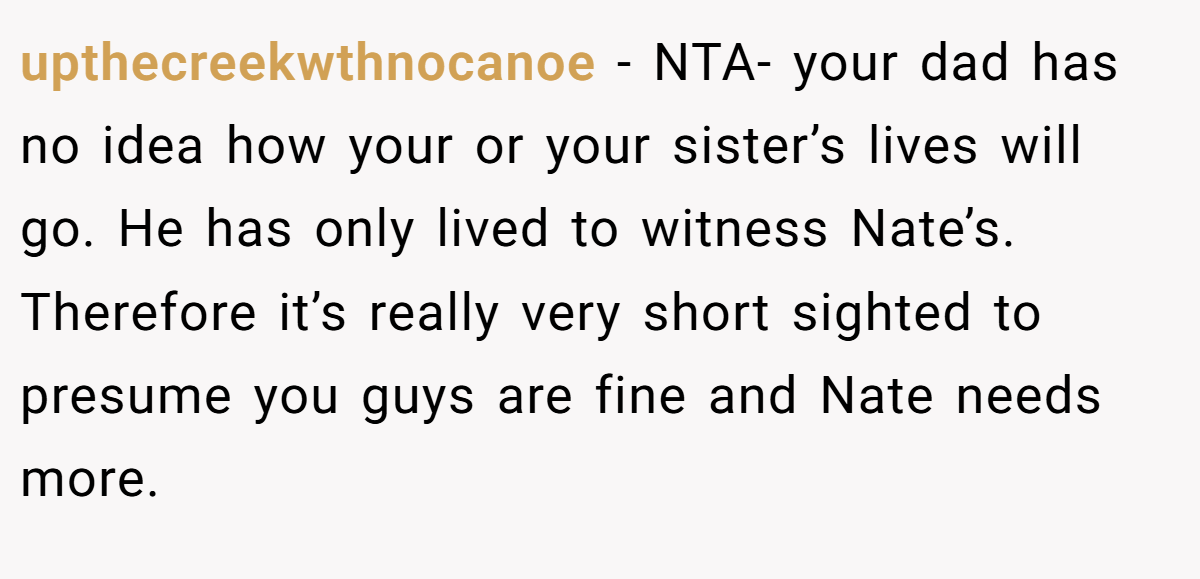 upthecreekwthnocanoe − NTA- your dad has no idea how your or your sister’s lives will go. He has only lived to witness Nate’s. Therefore it’s really very short sighted to presume you guys are fine and Nate needs more.