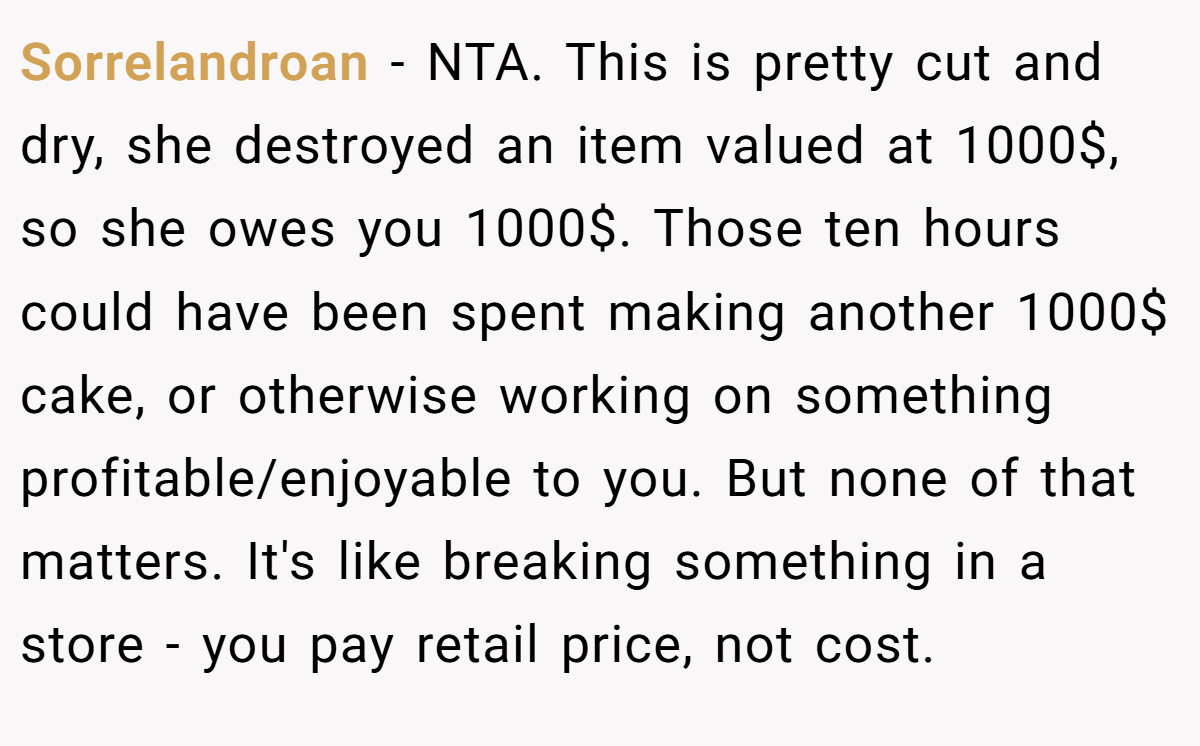 Sorrelandroan − NTA. This is pretty cut and dry, she destroyed an item valued at 1000$, so she owes you 1000$. Those ten hours could have been spent making another 1000$ cake, or otherwise working on something profitable/enjoyable to you. But none of that matters. It's like breaking something in a store - you pay retail price, not cost.