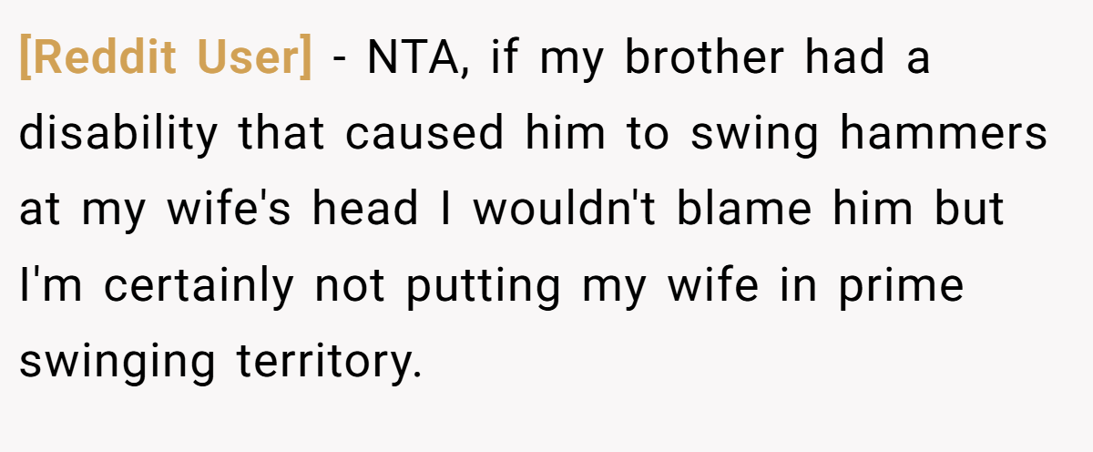 [Reddit User] − NTA, if my brother had a disability that caused him to swing hammers at my wife's head I wouldn't blame him but I'm certainly not putting my wife in prime swinging territory.