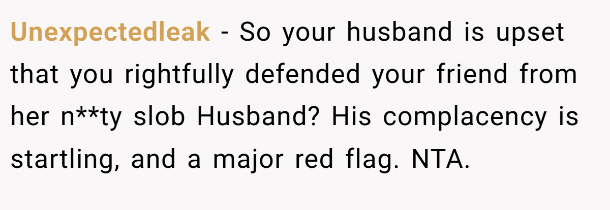 Unexpectedleak − So your husband is upset that you rightfully defended your friend from her n**ty slob Husband? His complacency is startling, and a major red flag. NTA.