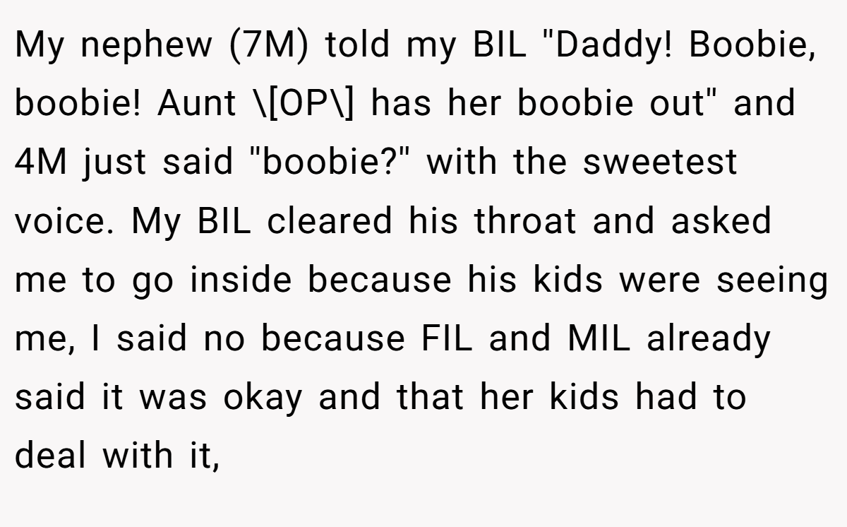 My nephew (7M) told my BIL ''Daddy! Boobie, boobie! Aunt \[OP\] has her boobie out'' and 4M just said ''boobie?'' with the sweetest voice. My BIL cleared his throat and asked me to go inside because his kids were seeing me, I said no because FIL and MIL already said it was okay and that her kids had to deal with it,