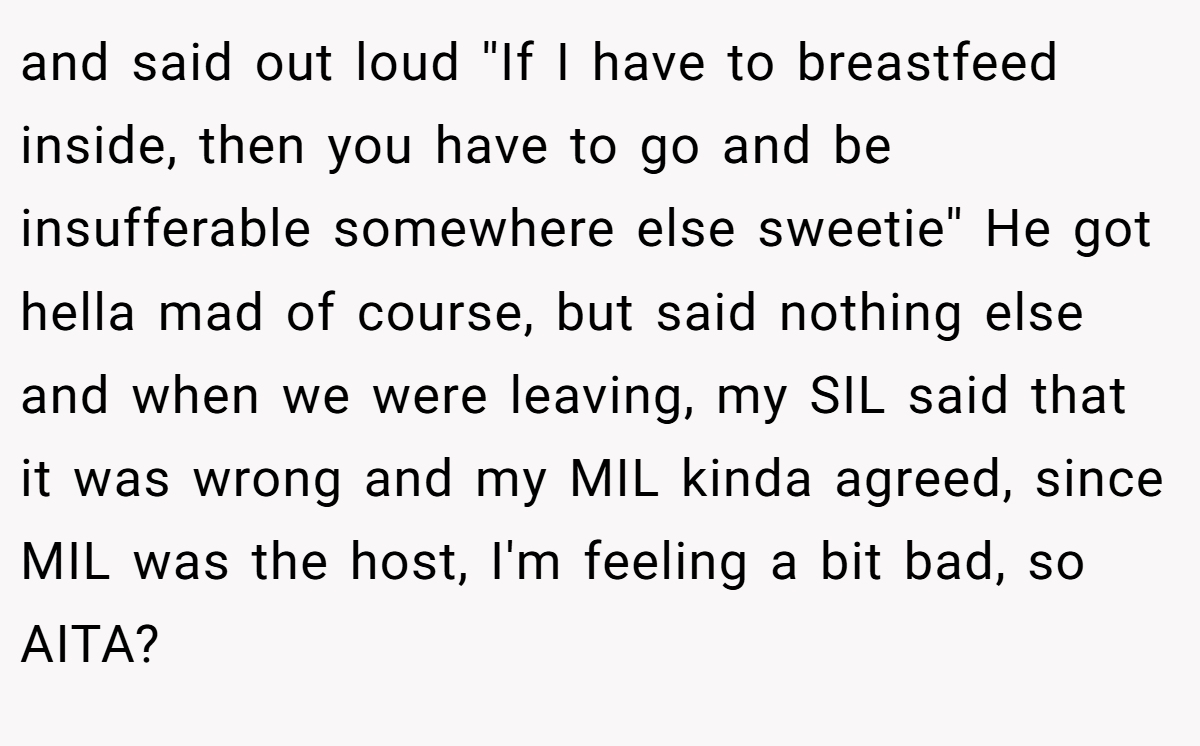 and said out loud ''If I have to breastfeed inside, then you have to go and be insufferable somewhere else sweetie'' He got hella mad of course, but said nothing else and when we were leaving, my SIL said that it was wrong and my MIL kinda agreed, since MIL was the host, I'm feeling a bit bad, so AITA?
