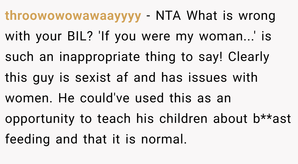 throowowowawaayyyy - NTA What is wrong with your BIL? 'If you were my woman...' is such an inappropriate thing to say! Clearly this guy is sexist af and has issues with women. He could've used this as an opportunity to teach his children about b**ast feeding and that it is normal.