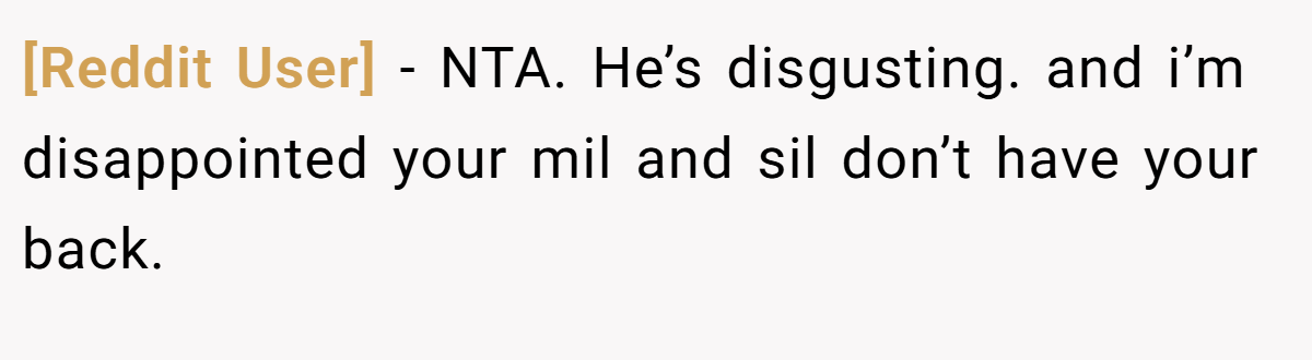 [Reddit User] - NTA. He’s disgusting. and i’m disappointed your mil and sil don’t have your back.