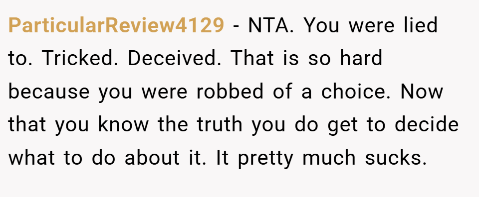 ParticularReview4129 − NTA. You were lied to. Tricked. Deceived. That is so hard because you were robbed of a choice. Now that you know the truth you do get to decide what to do about it. It pretty much sucks.