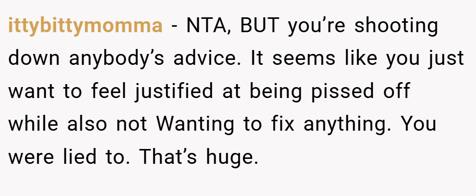 ittybittymomma − NTA, BUT you’re shooting down anybody’s advice. It seems like you just want to feel justified at being pissed off while also not Wanting to fix anything. You were lied to. That’s huge.